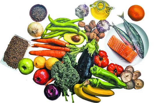 Vegetables, fruit, olive oil and fish